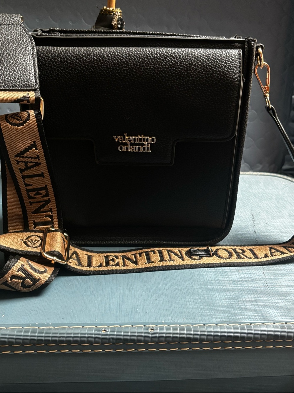Valentino Orlandi Black Leather Crossbody with Tan Branded Strap